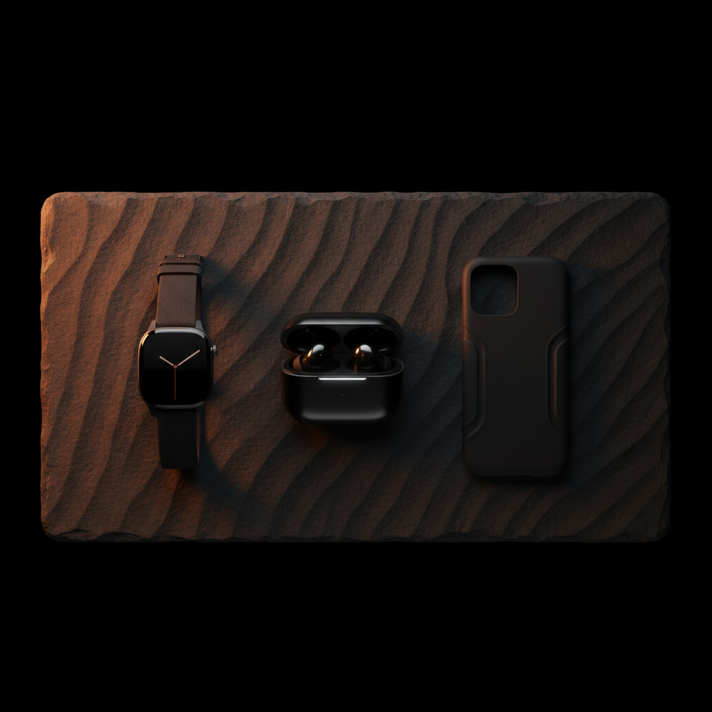 Audífonos, smartwatch y case sobre piedra oscura