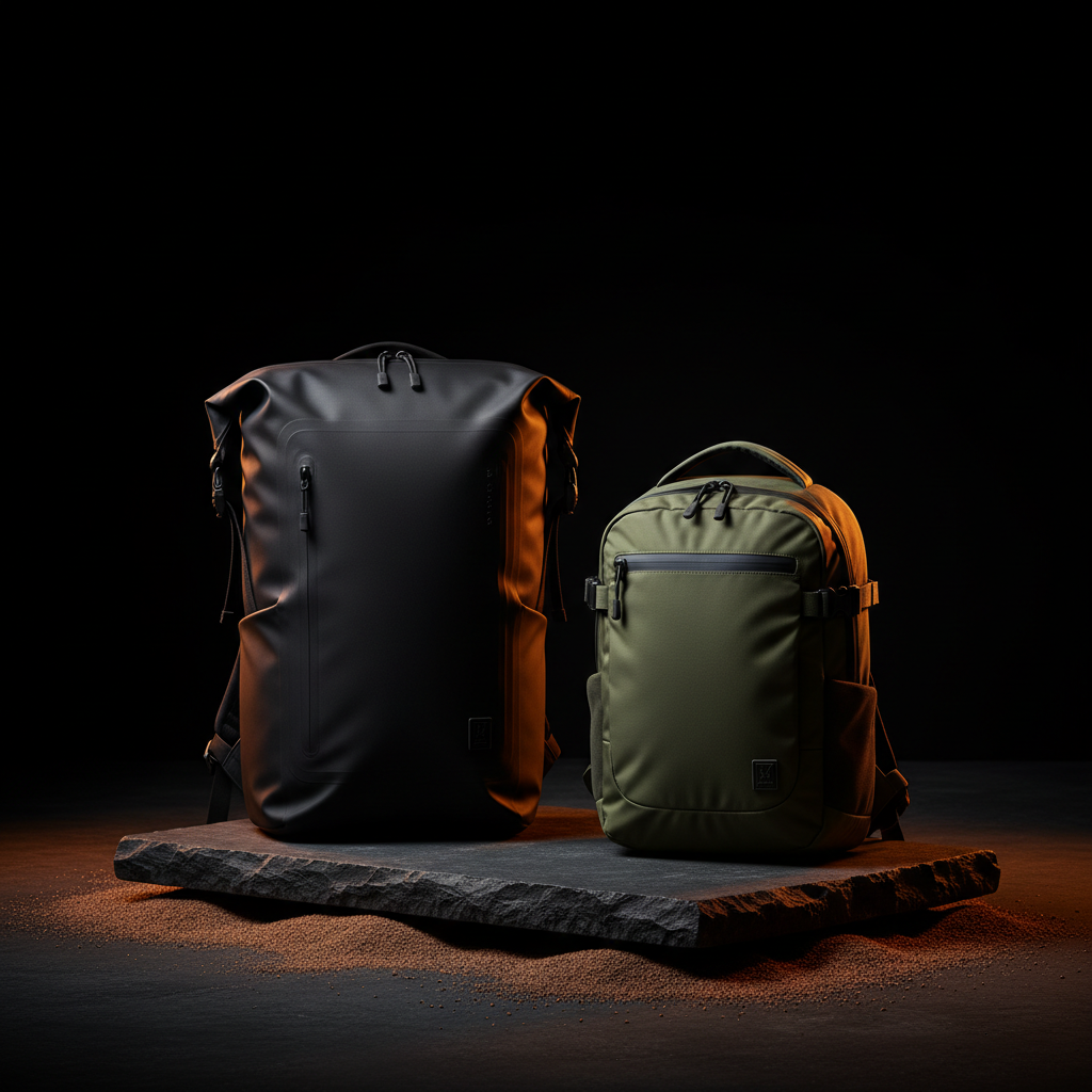 Mochilas sobre piedra oscura con luz ámbar